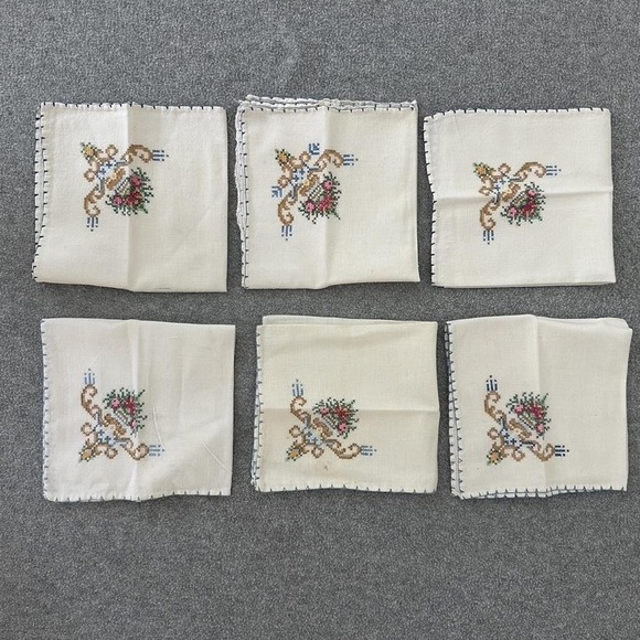 Vintage Embroidered Linen Napkins Set Floral Cross Stitch Trim 12" Square 6 - Picture 1 of 7